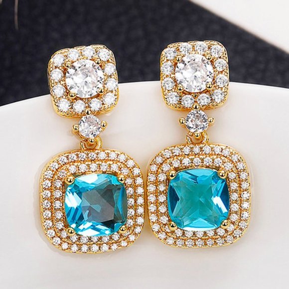 💥 Blue Rhinestone Crystal Drop Earring for women Bridal CZ Gold Plated, HA4515 - Picture 1 of 4